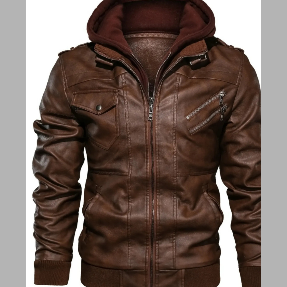 Men's Full Size Vintage Hooded Leather Jacket Plus Size
