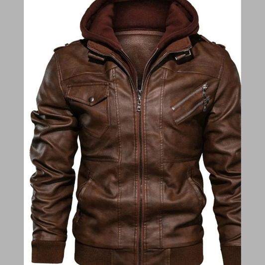 Men's Full Size Vintage Hooded Leather Jacket Plus Size