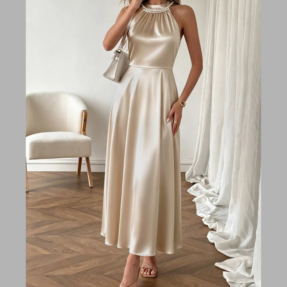 Pearl Halter Satin Midi Dress