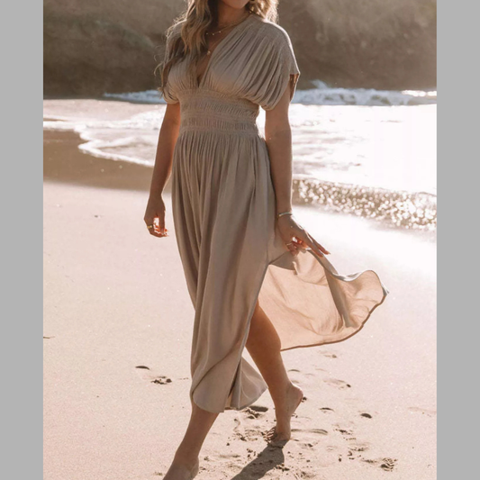 Full Size Slit V-Neck Smocked Waist Maxi Dress Plus Size