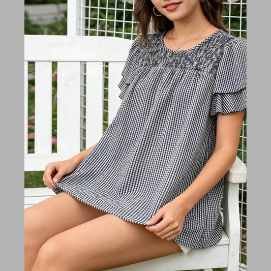 Full Size Gingham Smocked Ruffle Sleeve Blouse Plus Size
