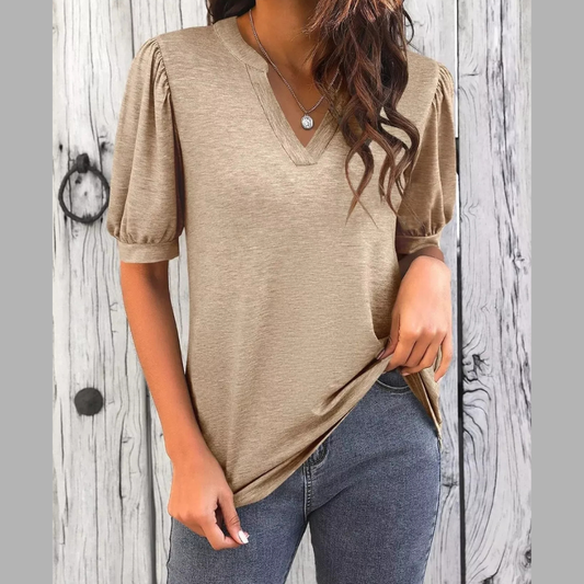 Puff Sleeve Notched Casual T-Shirt