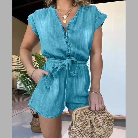 Full Size Tie Waist Cap Sleeve Romper Plus Size