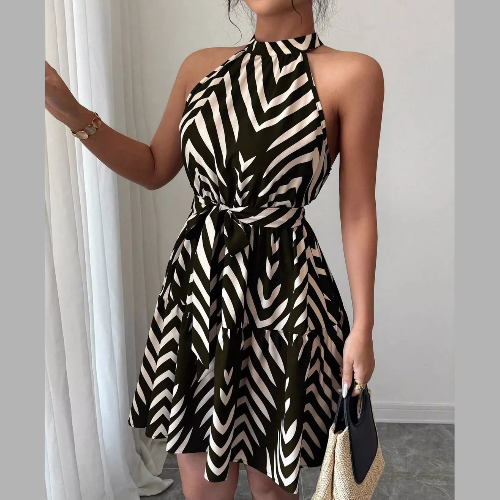 Zebra Print Halter Neck Tie Waist Ruffle Hem Dress
