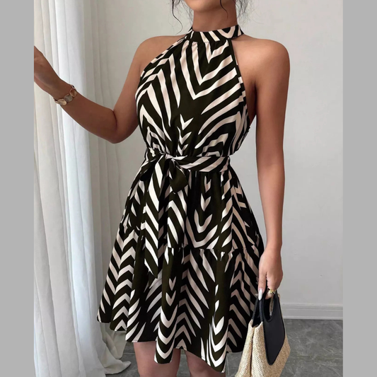 Zebra Print Halter Neck Tie Waist Ruffle Hem Dress