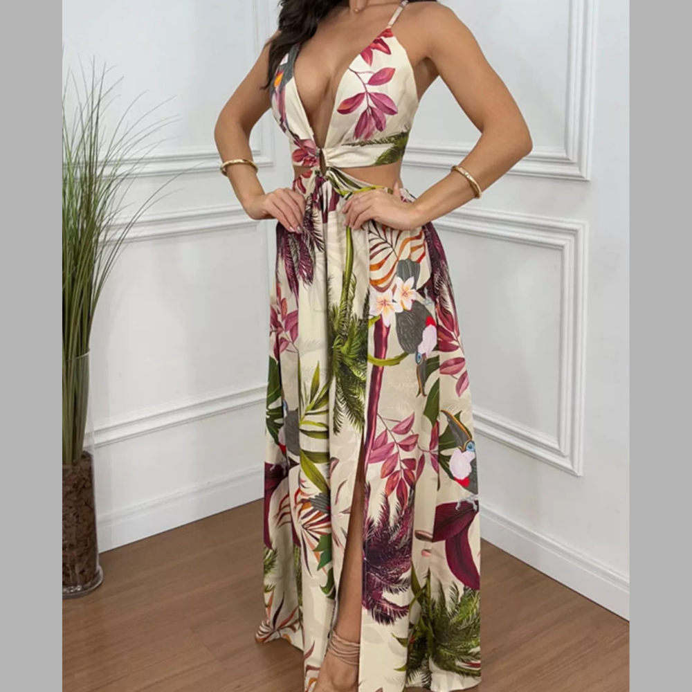 Tropical Print Plunge Cutout Slit Maxi Dress