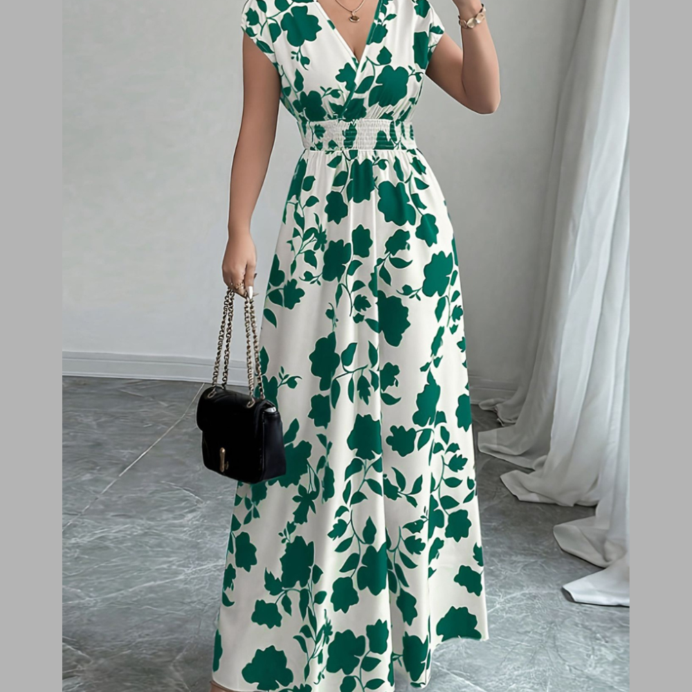 Printed Surplice Cap Sleeve Maxi Dress