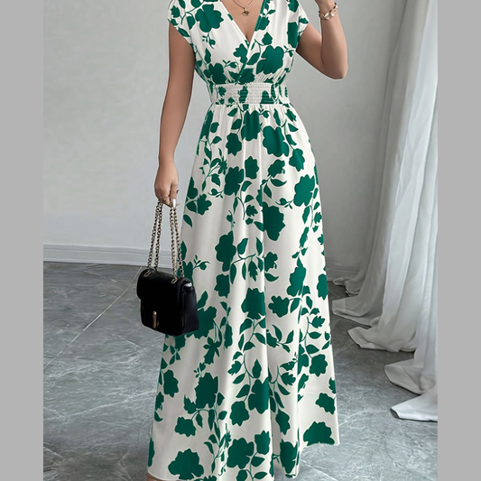 Printed Surplice Cap Sleeve Maxi Dress