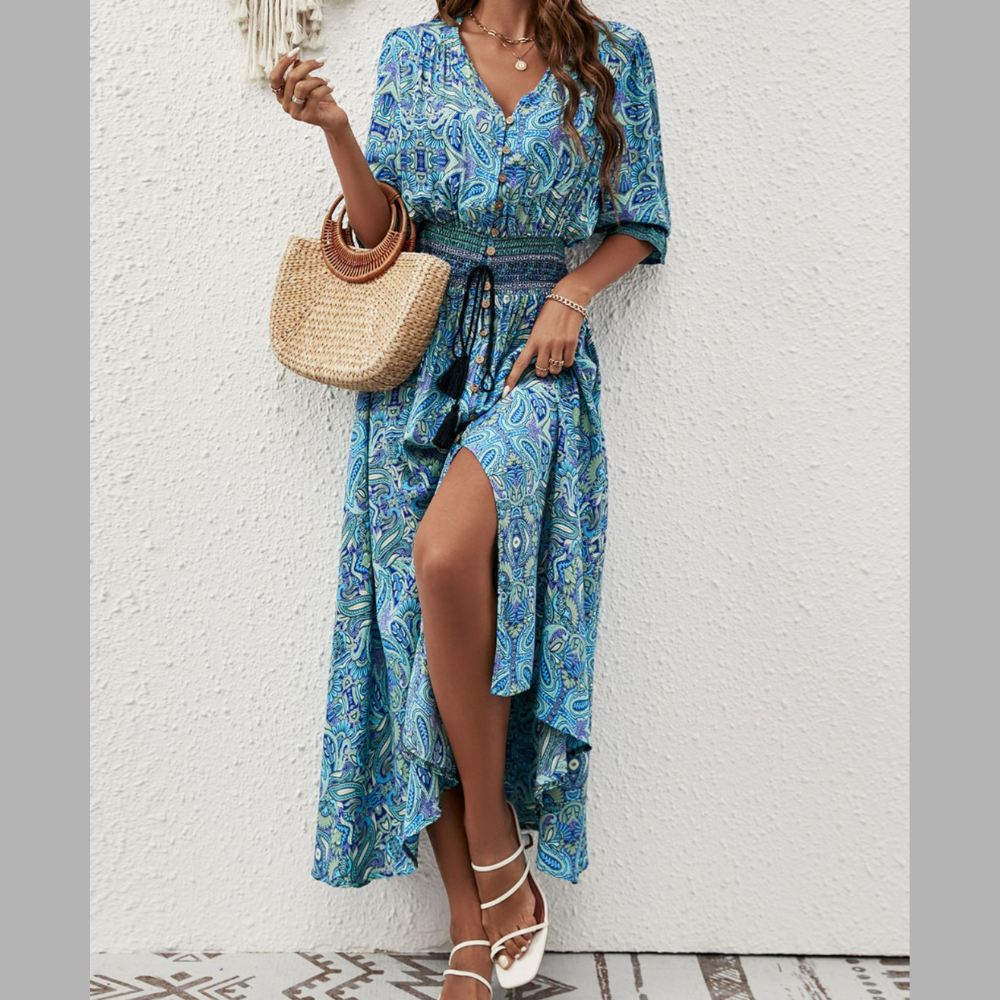 Paisley Print Half Sleeve Slit Midi Dress