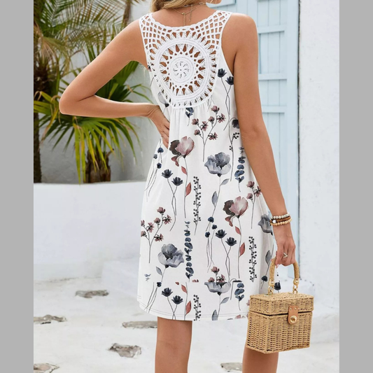 Floral Print V-Neck Crochet Back Mini Dress