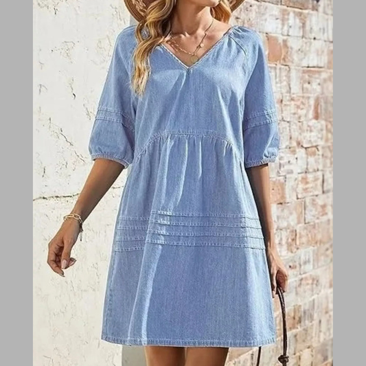 Casual V-Neck Puff Sleeve Denim Mini Dress