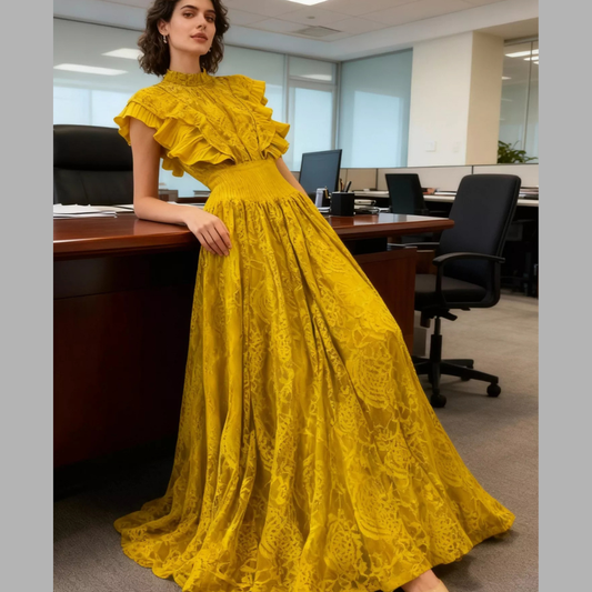 Ruffled Mock Neck Lace Maxi Dress