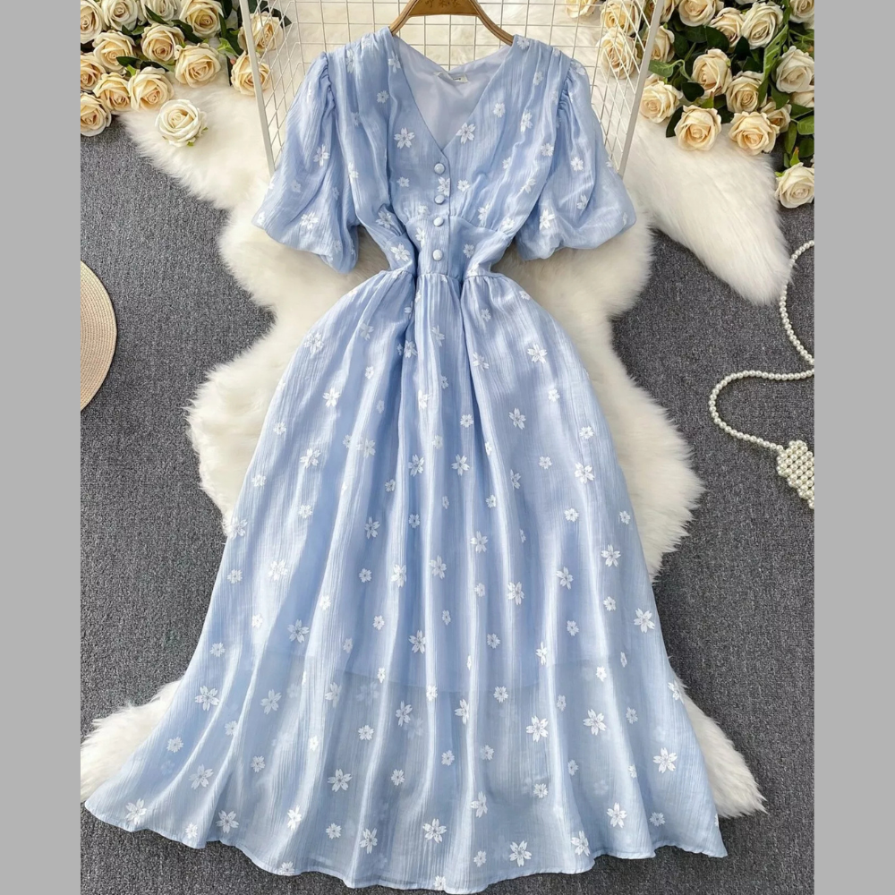 Floral Puff Sleeve A-Line Midi Dress