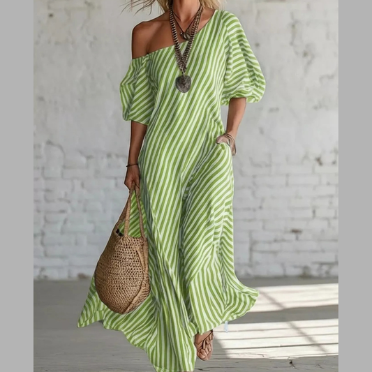 Full Size Striped One-Shoulder Casual Maxi Dress Plus Size