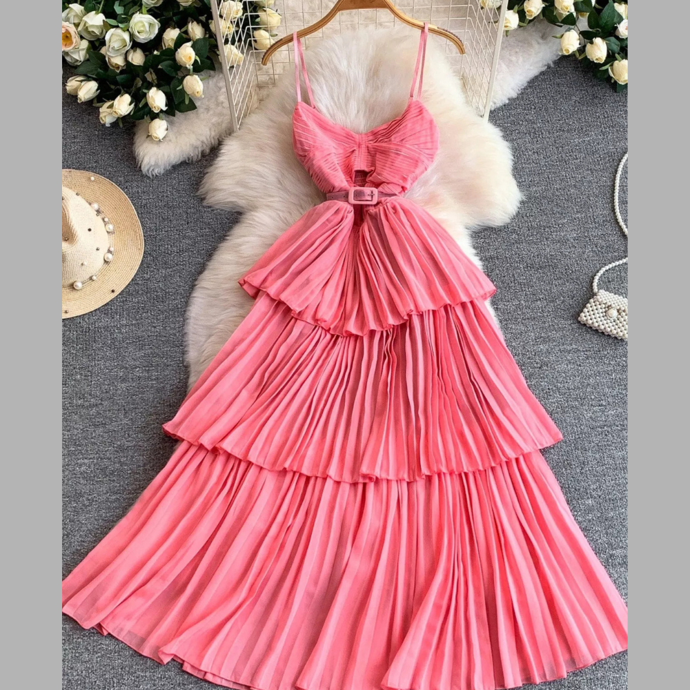 Pleated Layered Spaghetti Strap Midi Dress