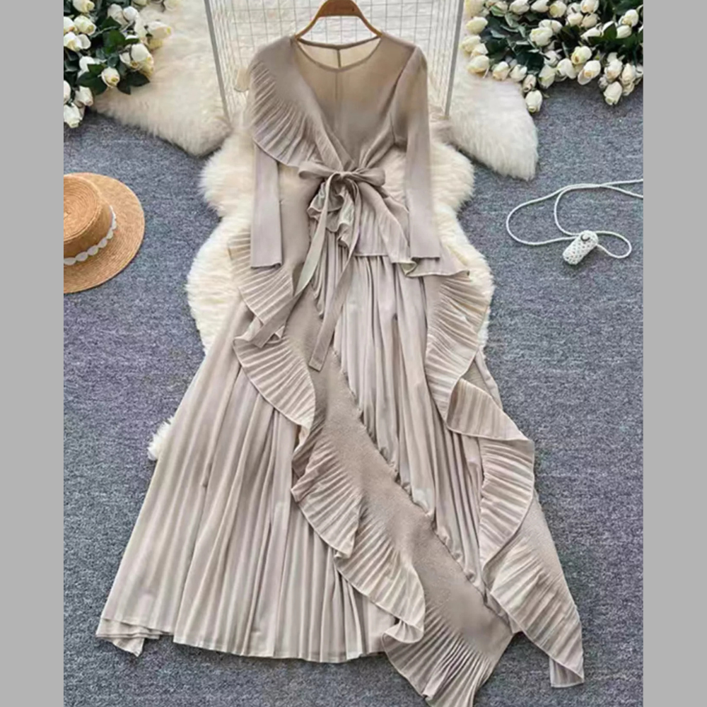Ruffle Trim Pleated Midi Dress