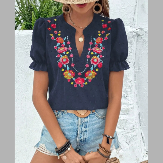 Floral Embroidered Puff Sleeve Blouse
