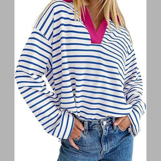 Striped Contrast Collar Long Sleeve Top