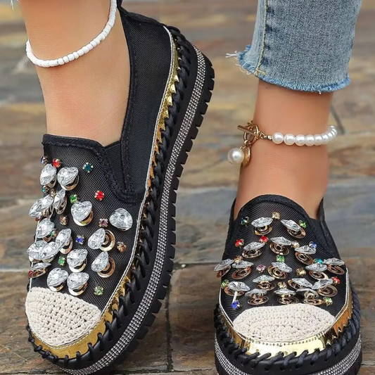 Casual Rhinestone Round Toe Platform Loafers