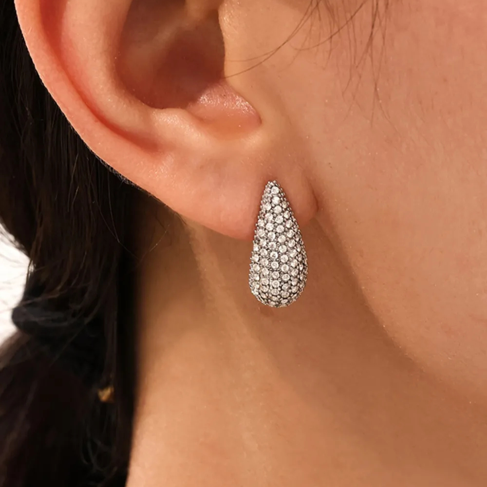 Stainless Steel Inlaid Zircon Teardrop Earrings