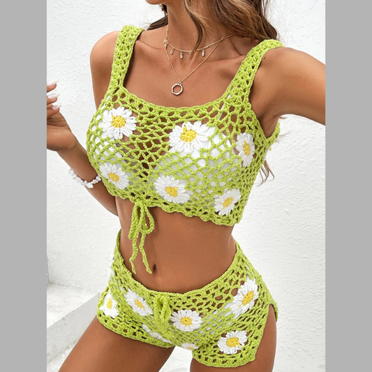 Flower Cutout Wide Strap Two-Piece Cover Up