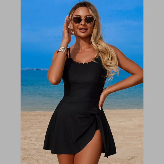 Scalloped Scoop Neck One-Piece Swim Dress