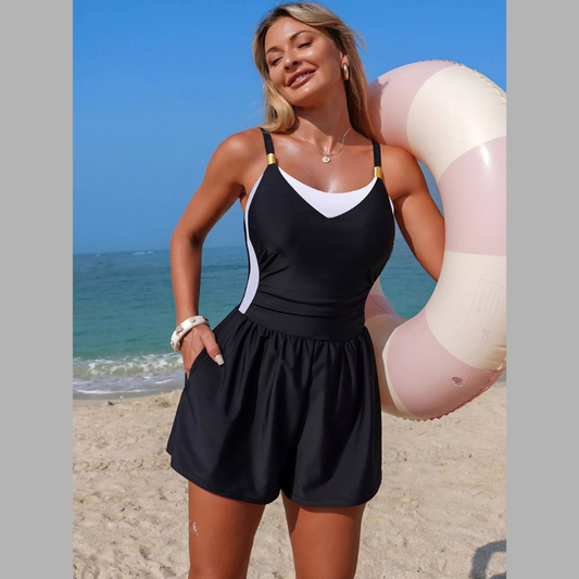 Color Block Adjustable Strap One-Piece Swimsuit