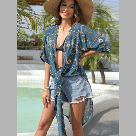 Floral Slit Half Sleeve Cover-Up