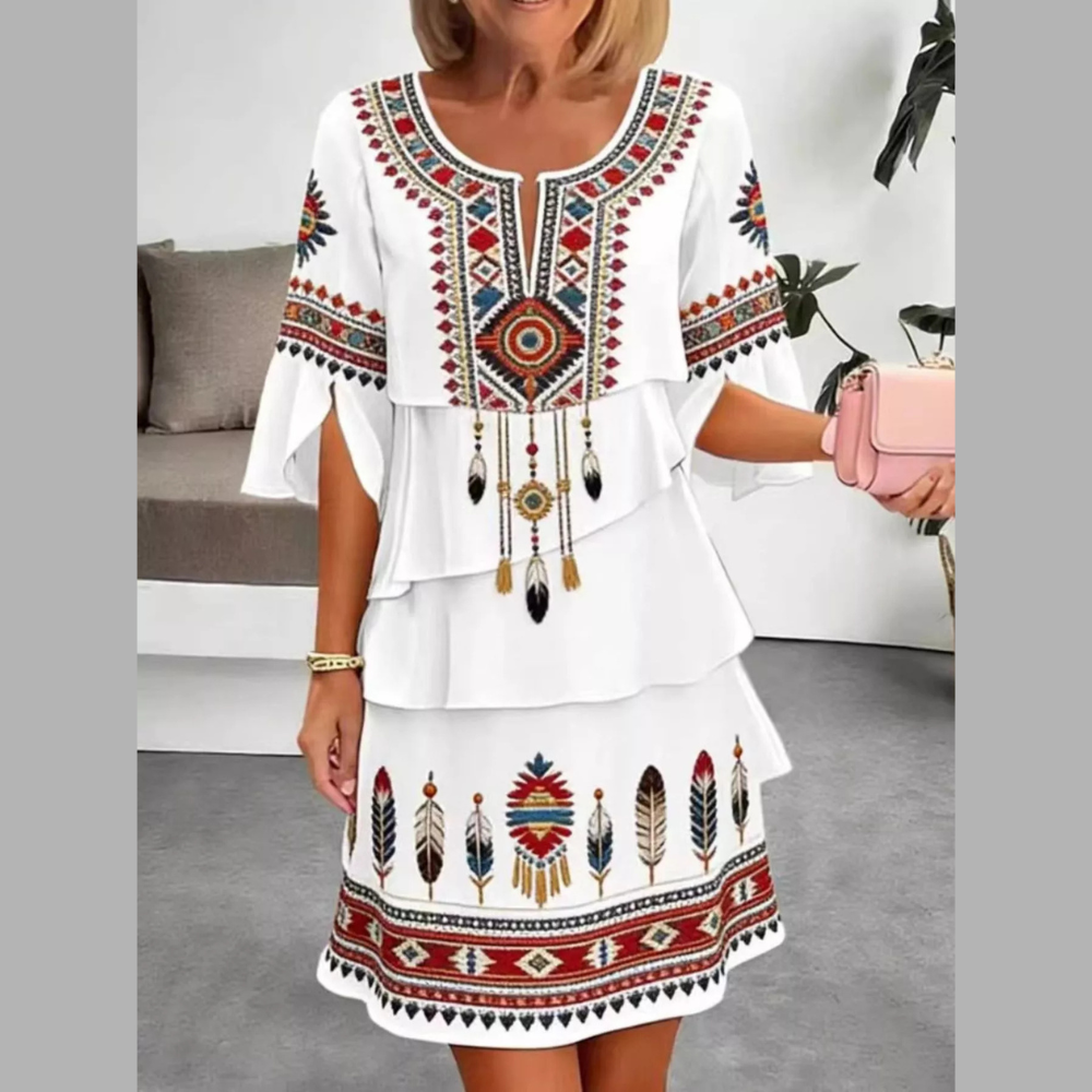 Full Size Printed Notched Ruffled Half Sleeve Dress Plus Size