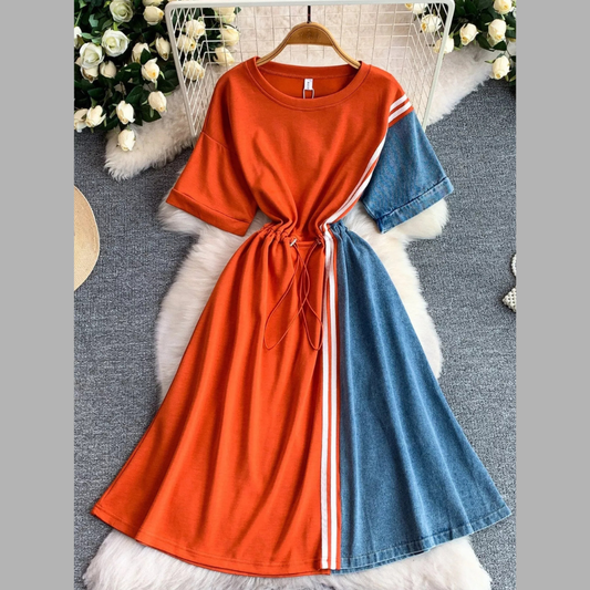 Color Block Short Sleeve Casual Dress