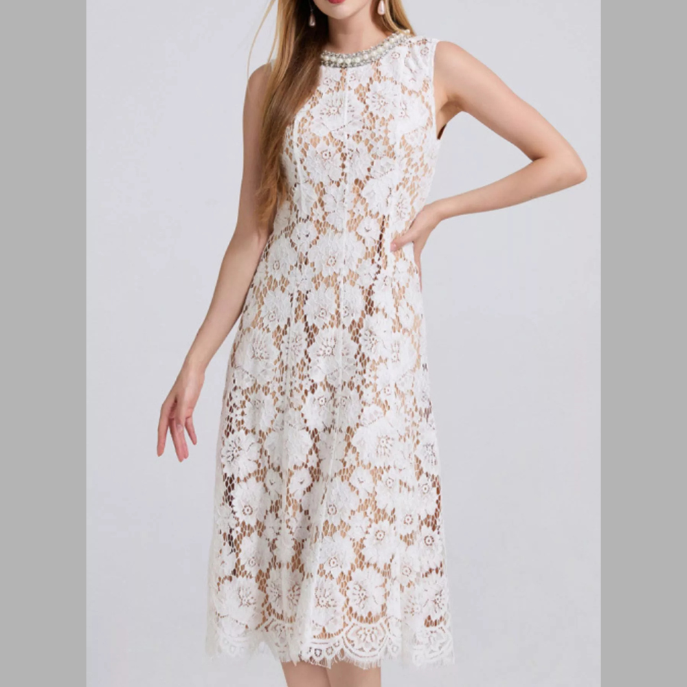 Pearl Neckline Sleeveless Lace Dress