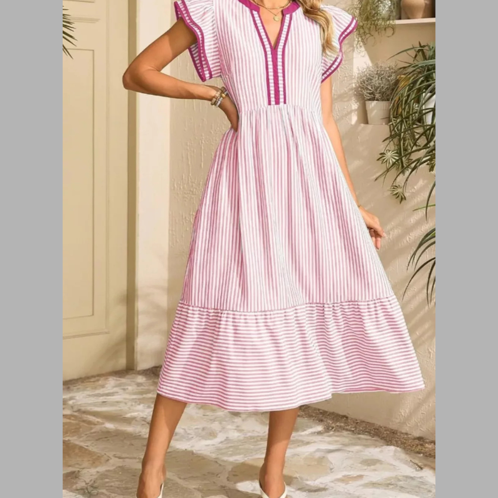 Striped Ruffle Sleeve Midi Dress
