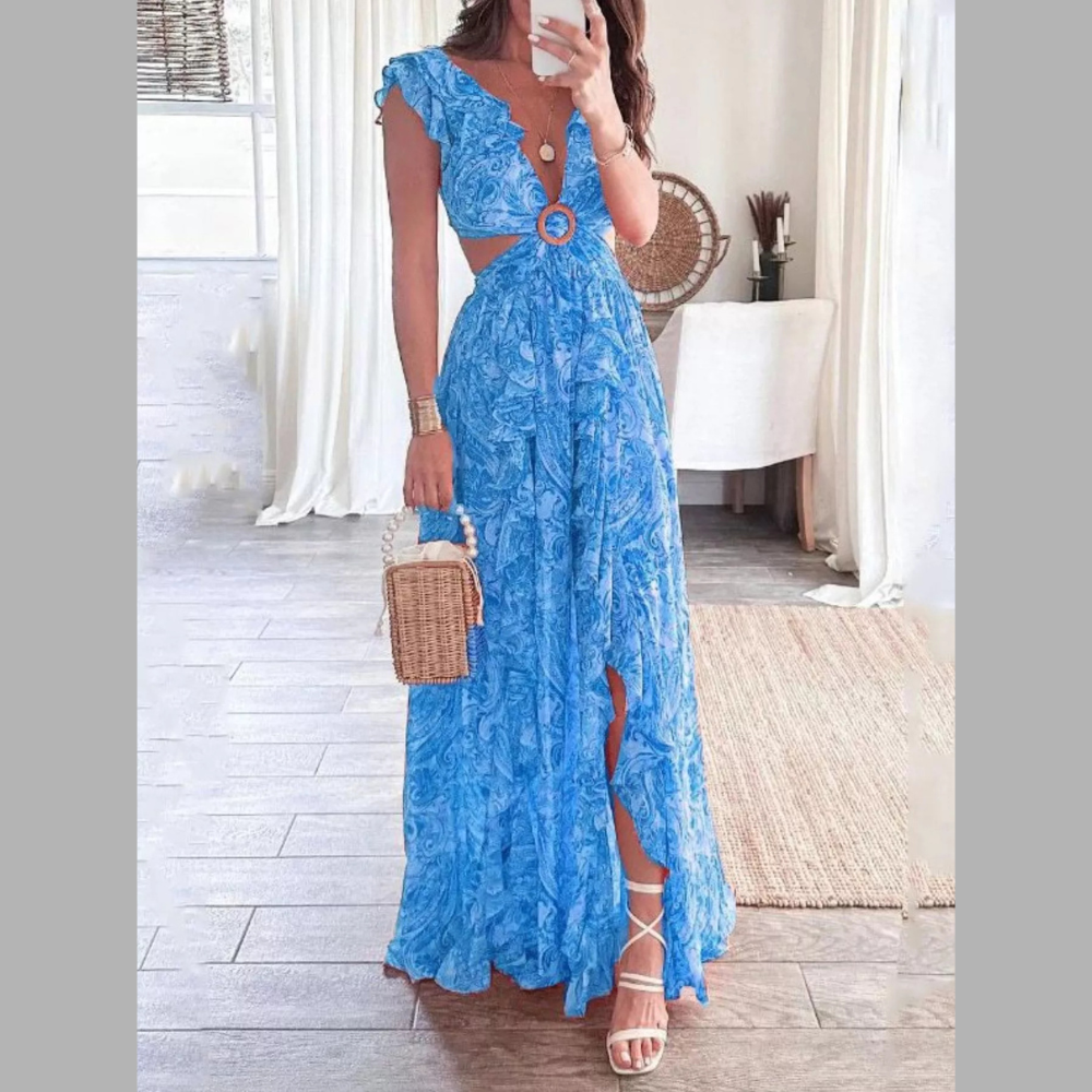 Full Size Ruffled Cutout V-Neck Maxi Dress Plus Size
