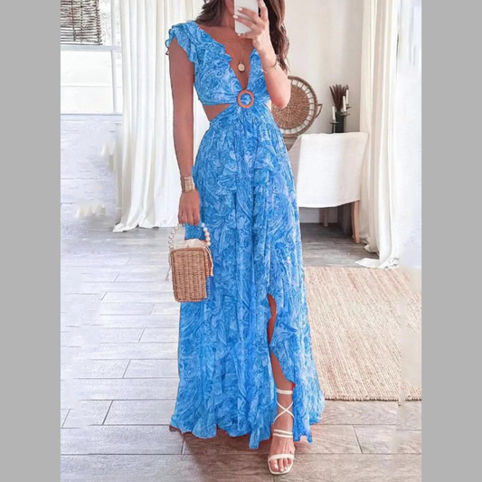 Full Size Ruffled Cutout V-Neck Maxi Dress Plus Size