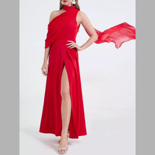 Asymmetrical Neck High Slit Maxi Dress