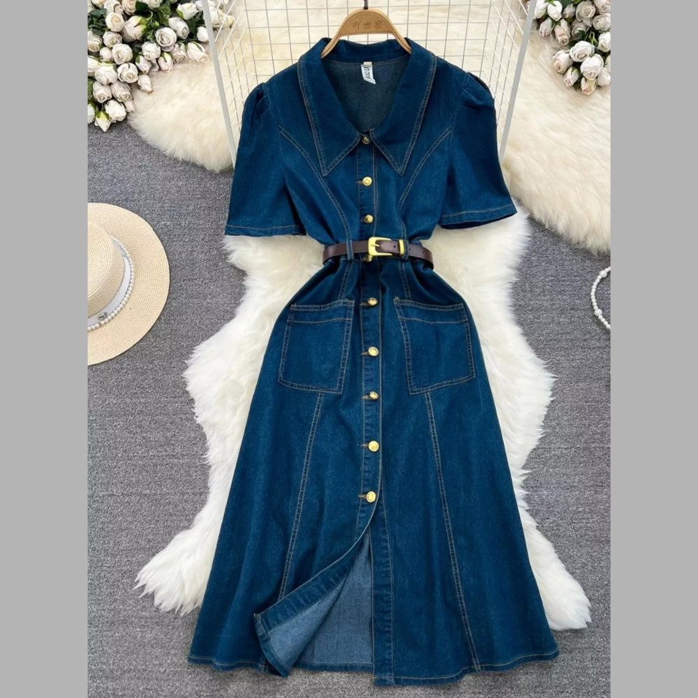 Button Front Short Sleeve Denim Dress