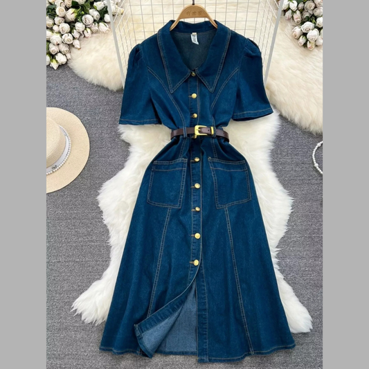 Button Front Short Sleeve Denim Dress