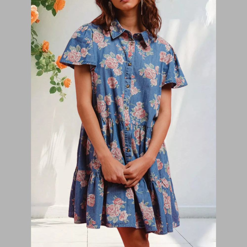 Floral Print Denim Button-Down Tiered Mini Dress