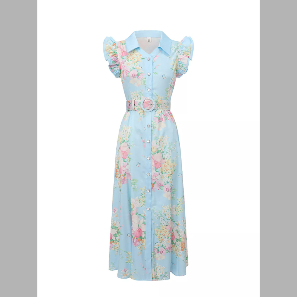 Floral Print Ruffle Sleeve Midi Dress