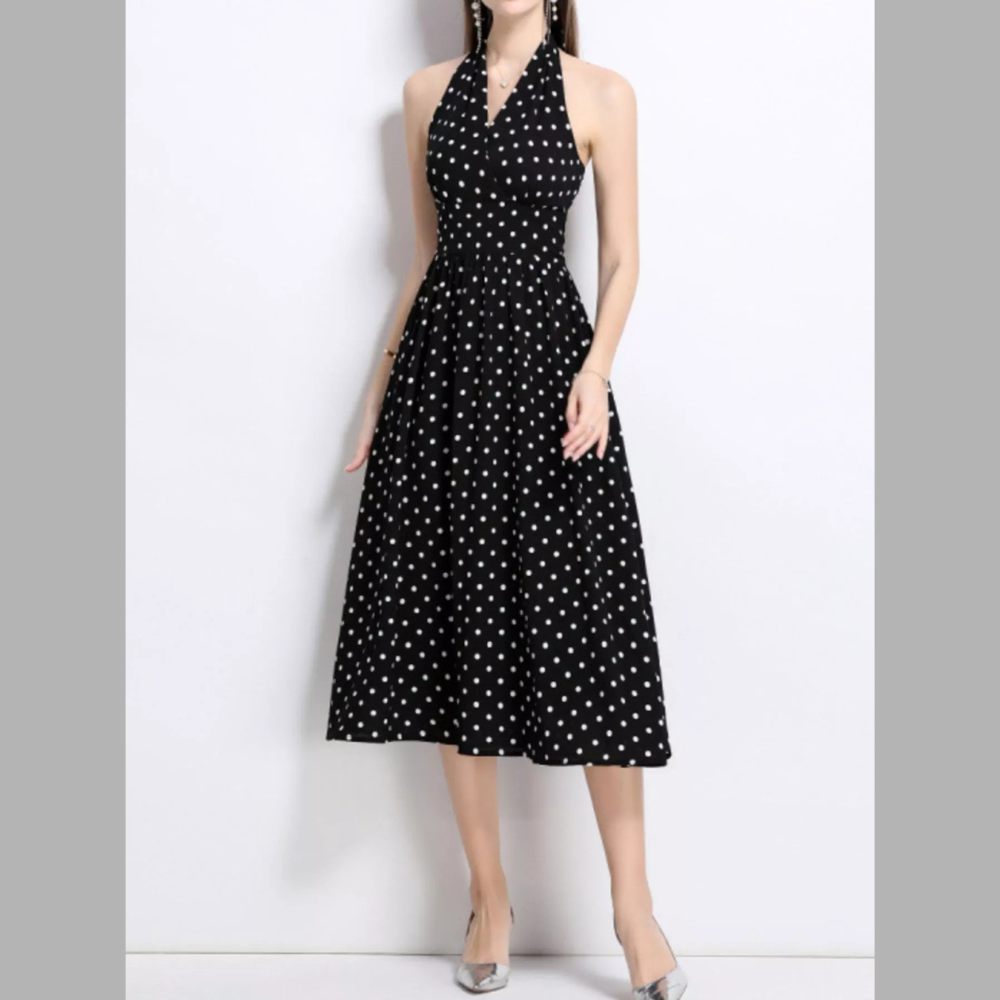 Polka Dot Halter Neck Midi Dress