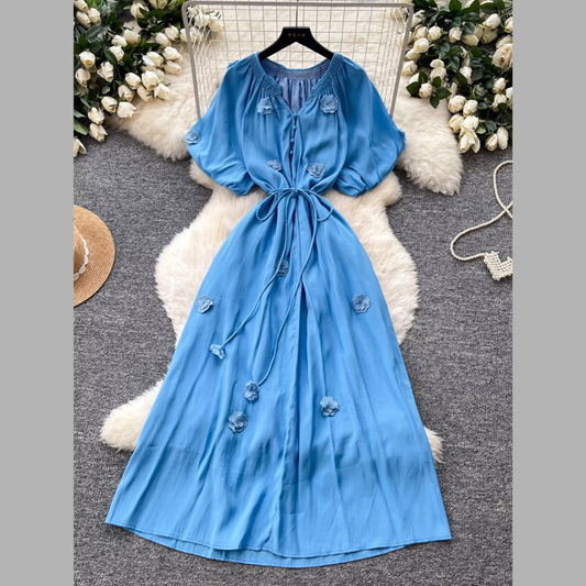 Floral Decor Tie Waist Puff Sleeve Dress