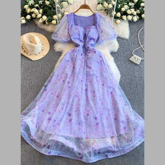 Sweetheart Neck Puff Sleeve Floral Dress