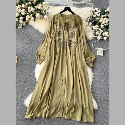 Floral Button Front Long Sleeve Dress