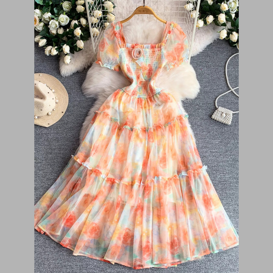 Smocked Floral Tiered Mesh Midi Dress
