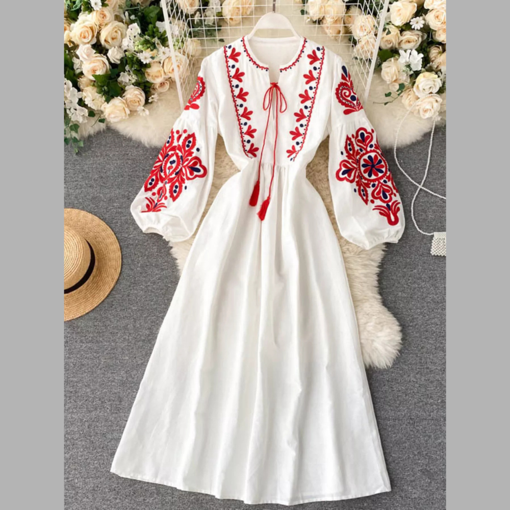 Embroidered Tie Neck Long Sleeve Dress