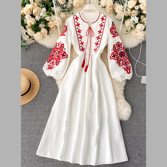 Embroidered Tie Neck Long Sleeve Dress