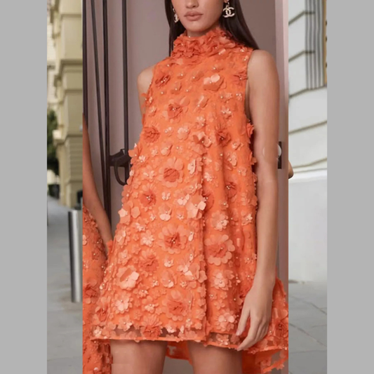 Floral Applique High Neck Sleeveless Mini Dress