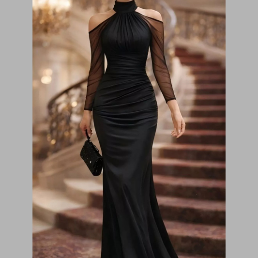 Cold Shoulder Mesh Sleeve Maxi Dress