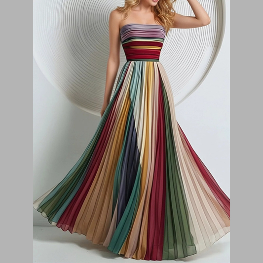 Striped Pleated Tube Maxi Dress