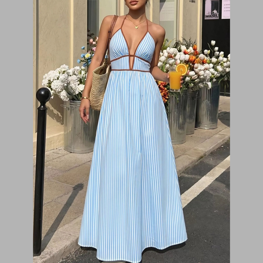 Striped Halter Neck Casual Maxi Dress